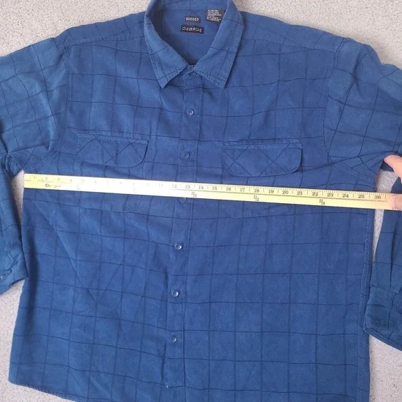 George Sueded Shirt Men's XL Blue‎ Plaid Long Sleeve Button Up Collared Soft - Picture 6 of 10